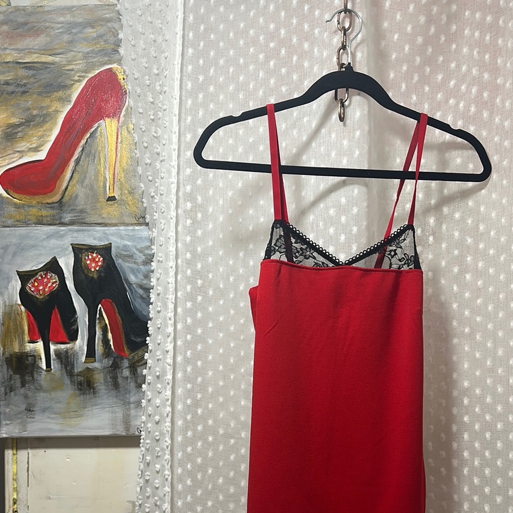 Almost Famous 🍒 Cherry Red Lace Trim Slip Dress